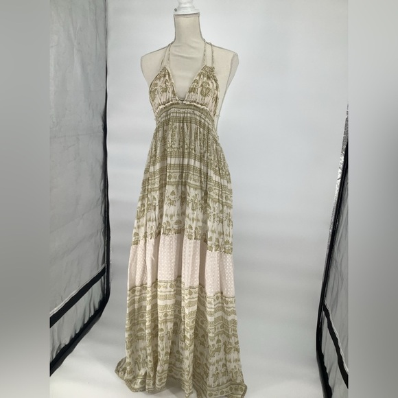 Free People Backless Elegant Green and Cream Halter Maxi Dress - Picture 10 of 13